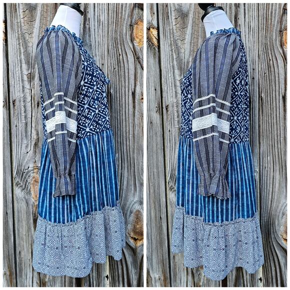 Tier Patchwork Dress Susan Tunic Hemant & Nandita Anthro Size S Blue Ruffle Lace - Picture 3 of 10